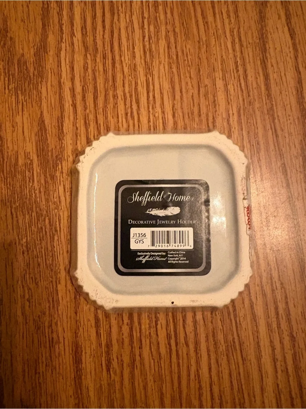 Small Sheffield Home Ceramic Square Jewelry Dish with Gray Feather